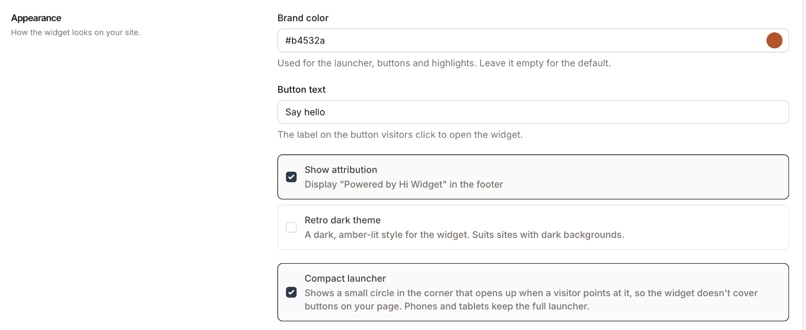 The Appearance section of widget settings, with the Compact launcher option ticked: "Shows a small circle in the corner that opens up when a visitor points at it"