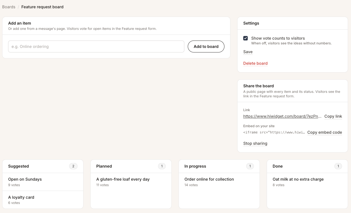 A feature board in the Hi Widget dashboard, with ideas in Suggested, Planned, In progress and Done columns and a vote count under each