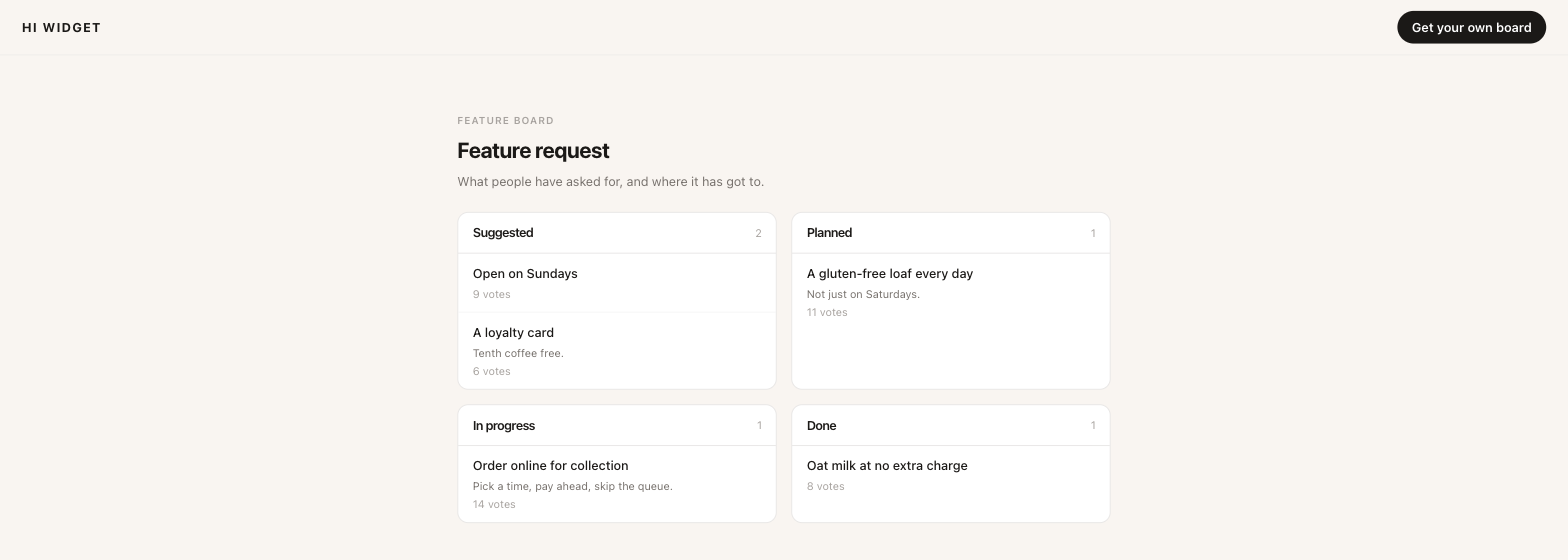 The public feature board page: ideas under Suggested, Planned, In progress and Done, with vote counts