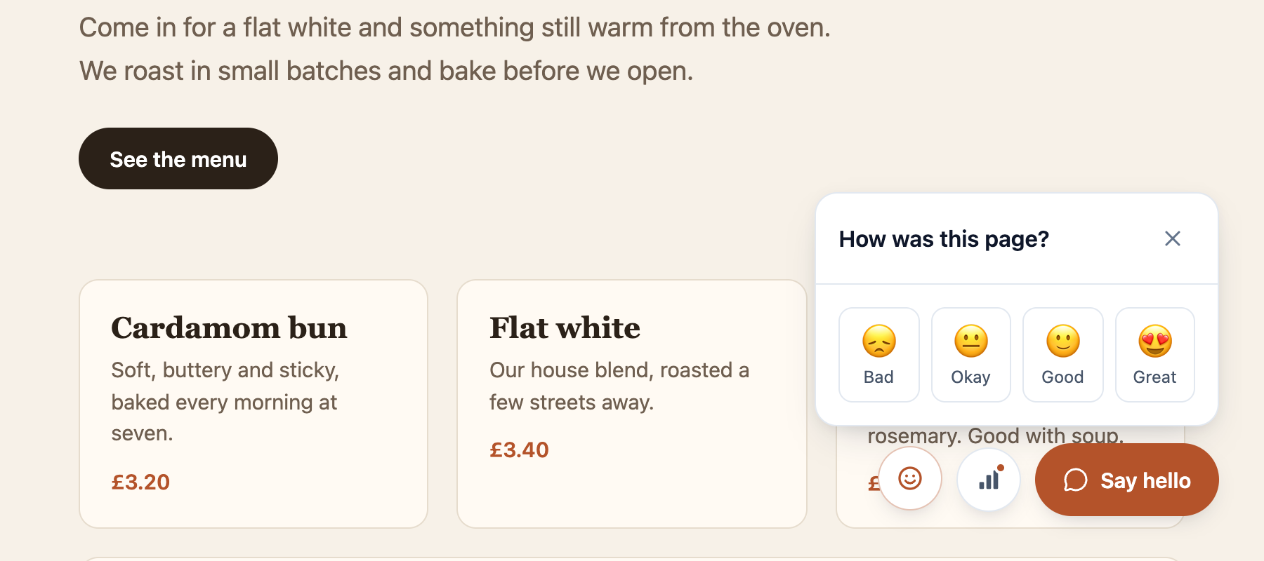 A cafe's website with the Hi Widget reactions card open: "How was this page?" with four faces labelled Bad, Okay, Good and Great