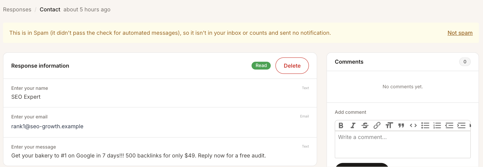 A message in the Spam folder, with a yellow note explaining it failed the automated message check and a Not spam link