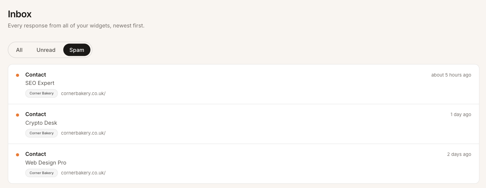 The Hi Widget inbox with the Spam tab selected, listing three spam messages